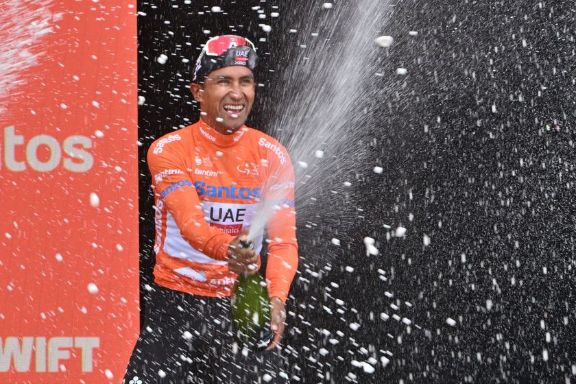 UAE Team Emirates rider Jhonatan Narvaez from Ecuador celebrates winning the final stage to win the UCI World Tour season-opening Tour Down Under in Adelaide on January 26, 2025. (Photo by Brenton Edwards / AFP) / -- IMAGE RESTRICTED TO EDITORIAL USE - STRICTLY NO COMMERCIAL USE --