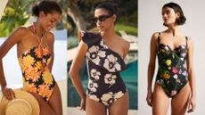 Three floral swimsuits on models 