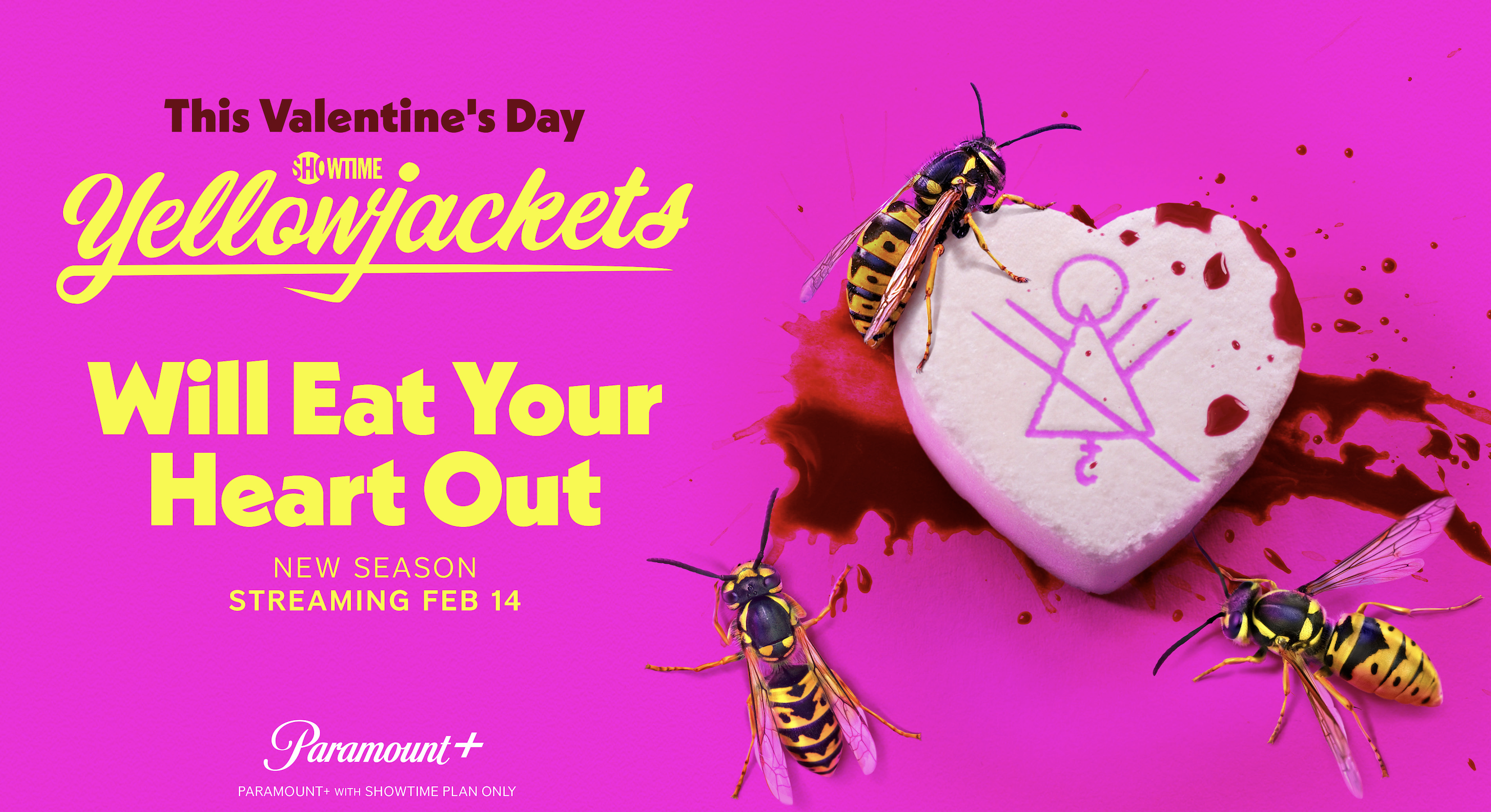 A key art image for Yellowjackets Season Three featuring a heart candy, wasps and blood on a pink background.