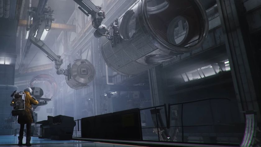 Arc Raiders quests: Scenic key art for the Stella Montis map showing a player in a yellow jacket walking down a large hallway next to an assembly line.