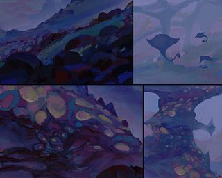 I paint the jewels on the left-hand side of the image like ellipses in an effort to adhere to the idea of water eroding the rock formations into more rounded shapes