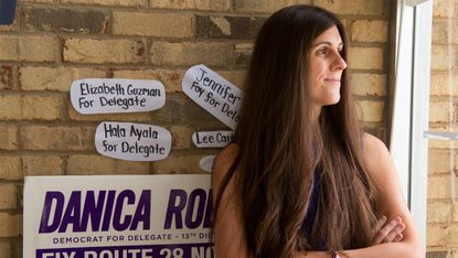 Danica Roem, a Democrat for Delegate in Virginia's district 13, and who is transgender, sits in her campaign office