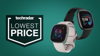 Fitbit Versa 4 and Fitbit Sense 2 on a green background with a TechRadar lowest price badge