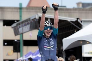 A victory cry for women's U23 road race winner Ella Sabo of Virginia's Blue Ridge TWENTY28