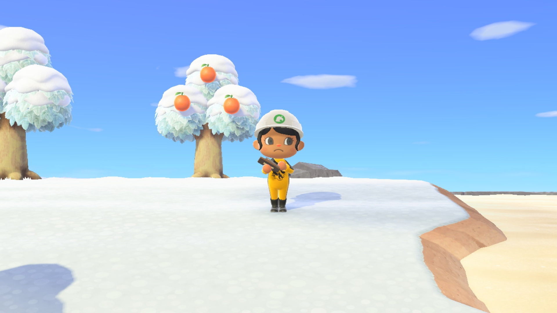 A sad player with a builder's hat on in Animal Crossing: New Horizons