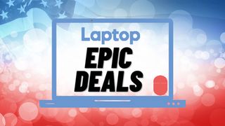 Laptop Mag epic deals logo against red, white and blue background.