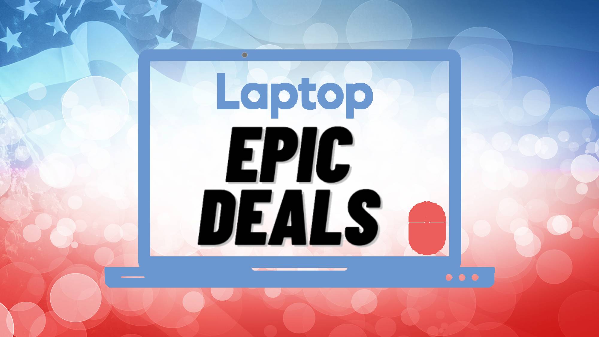 Laptop Mag epic deals logo against red, white and blue background.