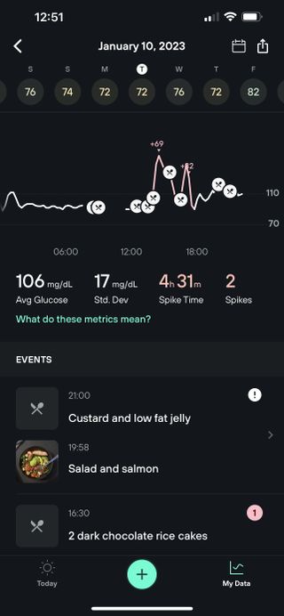 Writer Sam's Levels Health app dashboard with glucose metrics