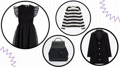 wednesday addams outfits; black outfits on a white checkered background