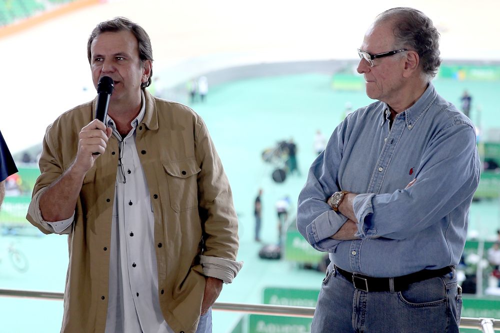 Rio de Janeiro Mayor Eduardo Paes, alongside Carlos Arthur Nuzman, President of the Rio 2016 Organizing Committee, delivers the Olympic Velodrome to the Rio 2016 Committee