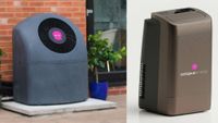 composite picture of grey air source heat pump and prototype of air cooler unit