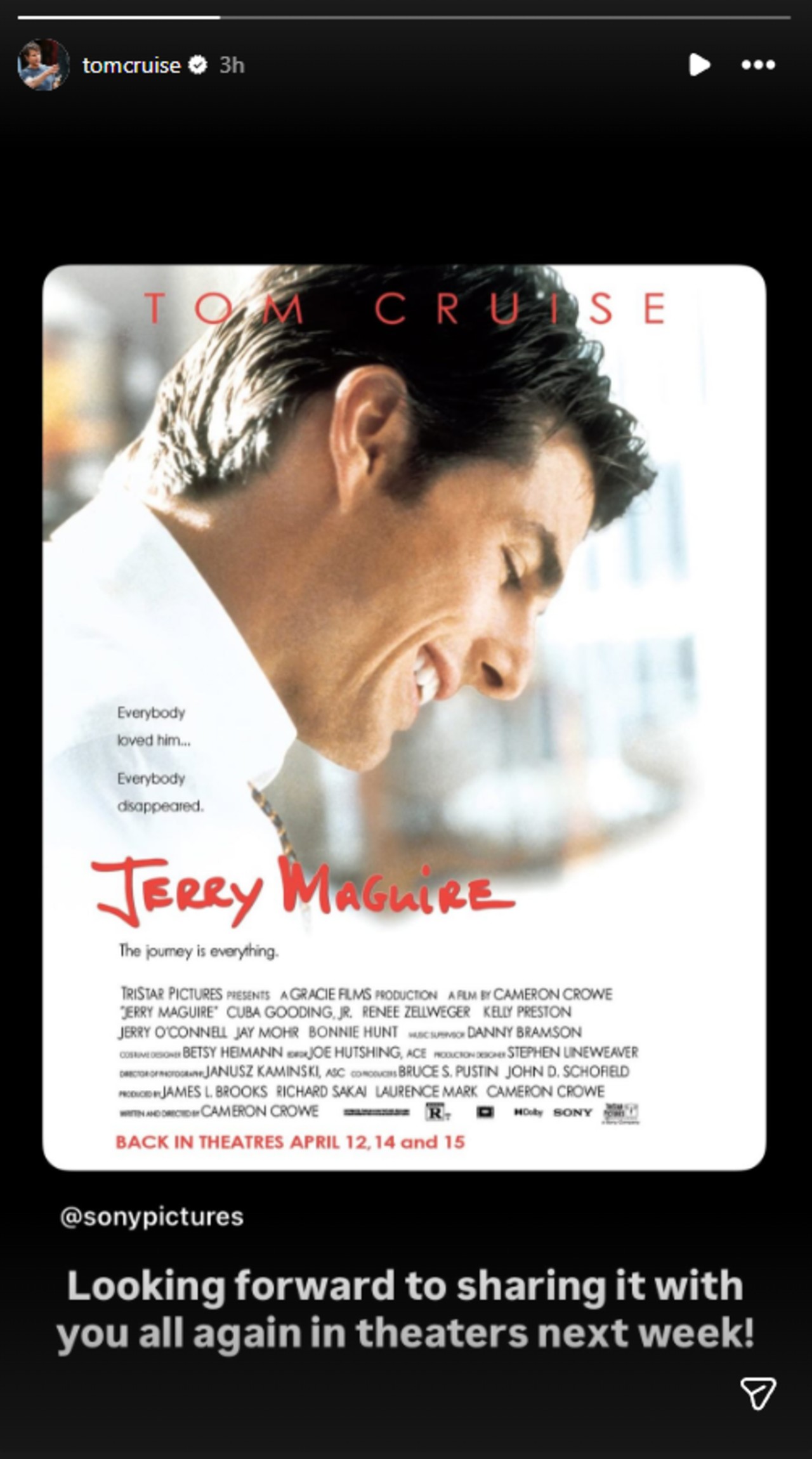 The Jerry Maguire poster with the message: "Looking forward to sharing it with you all again in theaters next week!"