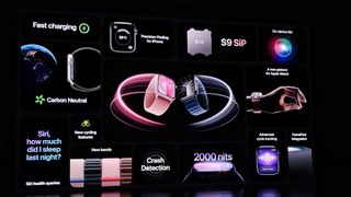 Apple Watch 9 summary screen from Apple Event 2023 showing specs and features