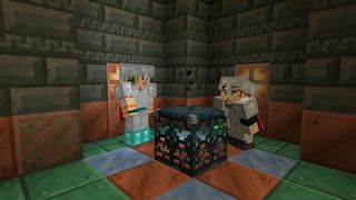 Minecraft 1.21 - Two players stand together in a copper Trial Chamber looking at a Trial Spawner block