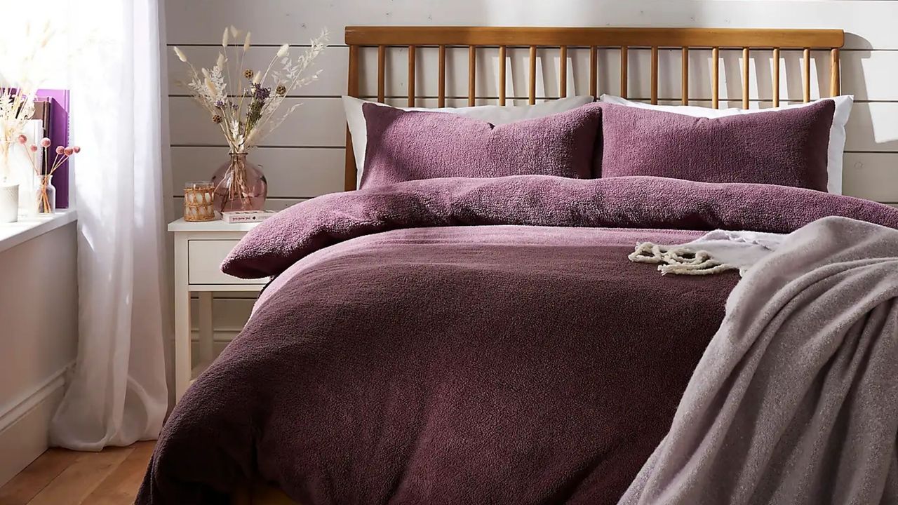 Dunelm&#039;s cult teddy bedding duvet set in thistle purple