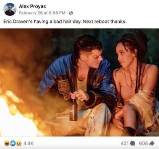 A screenshot of a Facebook post by Alex Proyas, reading: “Eric Draven’s having a bad hair day. Next reboot thanks.”