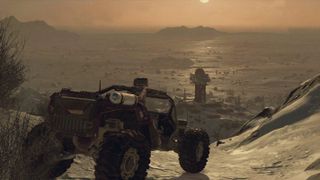 A dune buggy-like ATV sits on a sandy planet overlooking a base in Starfield in this leaked image shared on Reddit.