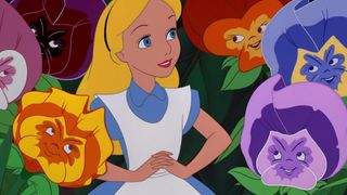 Cartoons of the 1950 - best 1950s animated movies; A still image from the animated film "Alice in Wonderland" features Alice amidst anthropomorphic flowers.