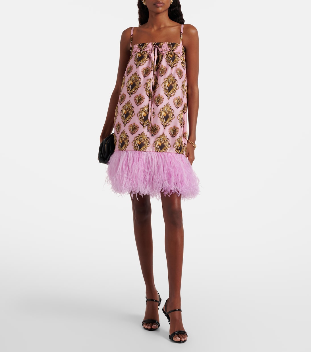 Feather-Trimmed Printed Silk Minidress in Pink - Dolce Gabbana