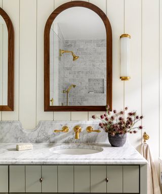 Neutral bathroom in 1920s Tudor revival house in Seattle