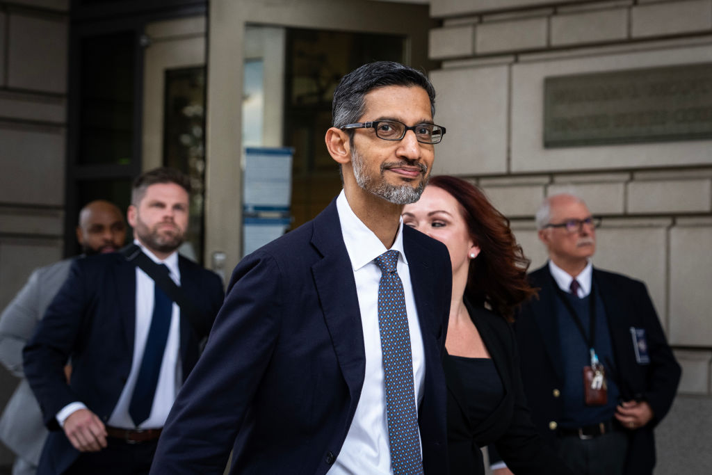 Google and Alphabet CEO Sundar Pichai departs federal court on October 30, 2023 in Washington