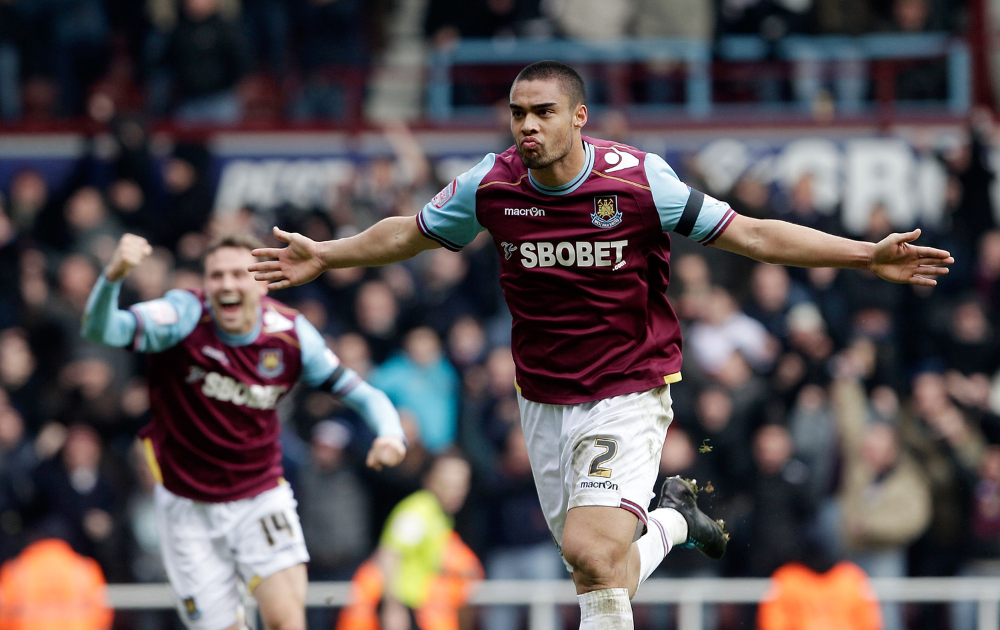 Winston Reid of West Ham celebrates scoring their second goal during the npower Championship match between West Ham United and Millwall, at Boleyn Ground on February 04, 2012 in London, England.