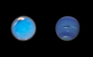 This composite picture shows images of storms on Neptune from the Hubble Space Telescope (left) and the Voyager 2 spacecraft (right). The Hubble image of Neptune, taken in September and November of 2018, shows a new dark storm (top center). In the Voyager image, a storm known as the Great Dark Spot is seen at the center. It is about 8,000 miles by 4,100 miles (13,000 by 6,600 kilometers) in size. The white clouds seen hovering in the vicinity of the storms are higher in altitude than the dark material.