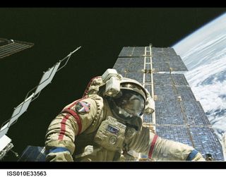 Astronaut Leroy Chiao, Expedition 10 commander and NASA ISS science officer, participates in the first of two extravehicular activities (EVA) performed by the crew of Expedition 10 during their 6-month mission from Oct. 2004 to Apr. 2005.