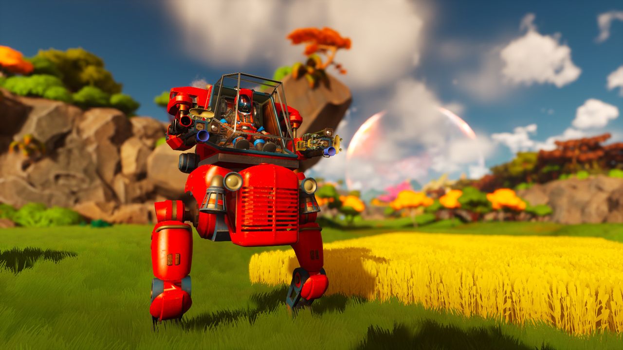 An image of sci-fi farming game lightyear frontier. There is a mech that looks like a tractor and a field of wheat.