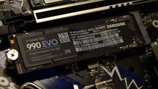 A Samsung 990 EVO slotted into a motherboard