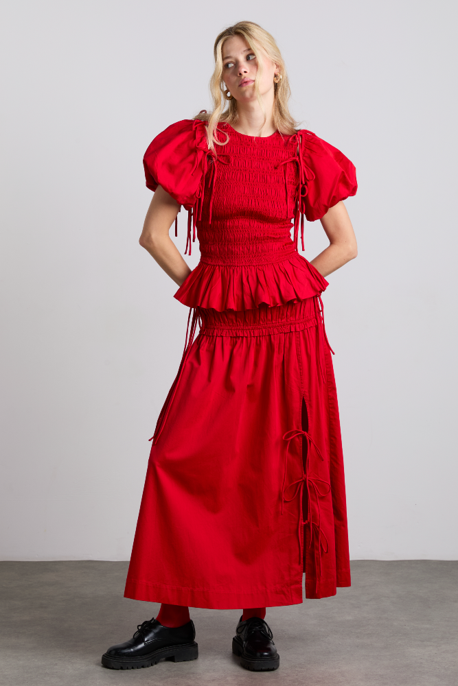 Charlotte Cotton Satin Midi Skirt - Cherry