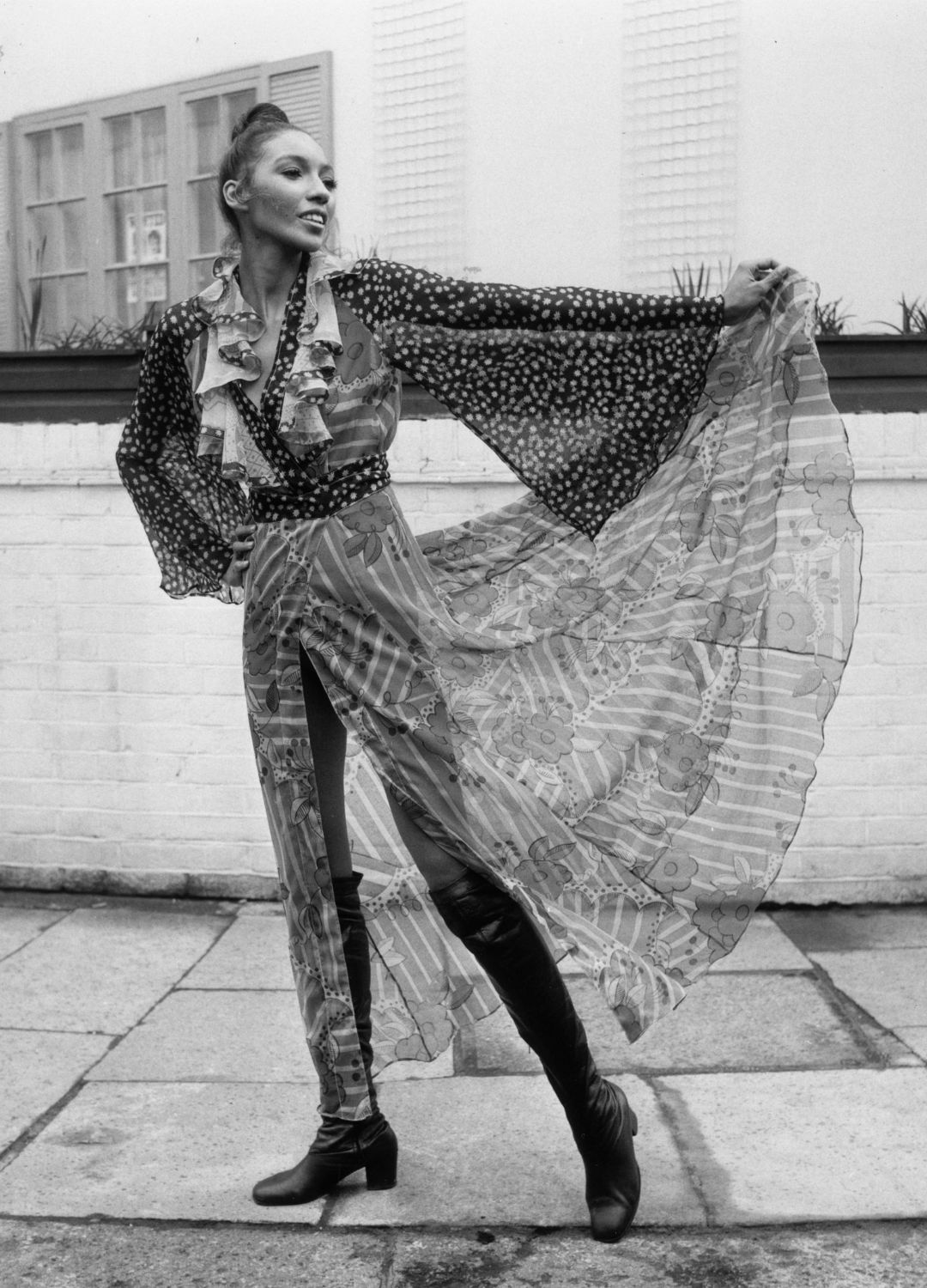 15th April 1970: A model wearing 'Acapulco Gold' by Ossie Clark, part of a collection of April Fashion by Ossie Clark and Alice Pollock.