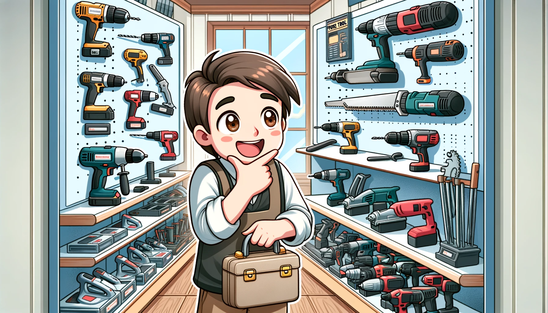  A cartoon-style image depicting a cheerful person in a power tool store, looking at various power tools like drills, saws, and sanders on display shelves. The person appears excited and thoughtful, considering which tool to buy. 