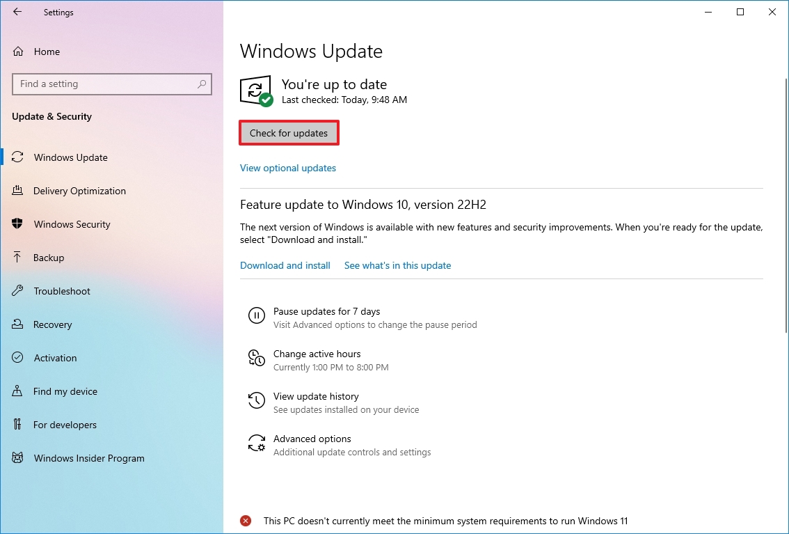 Check for updates on Windows 10