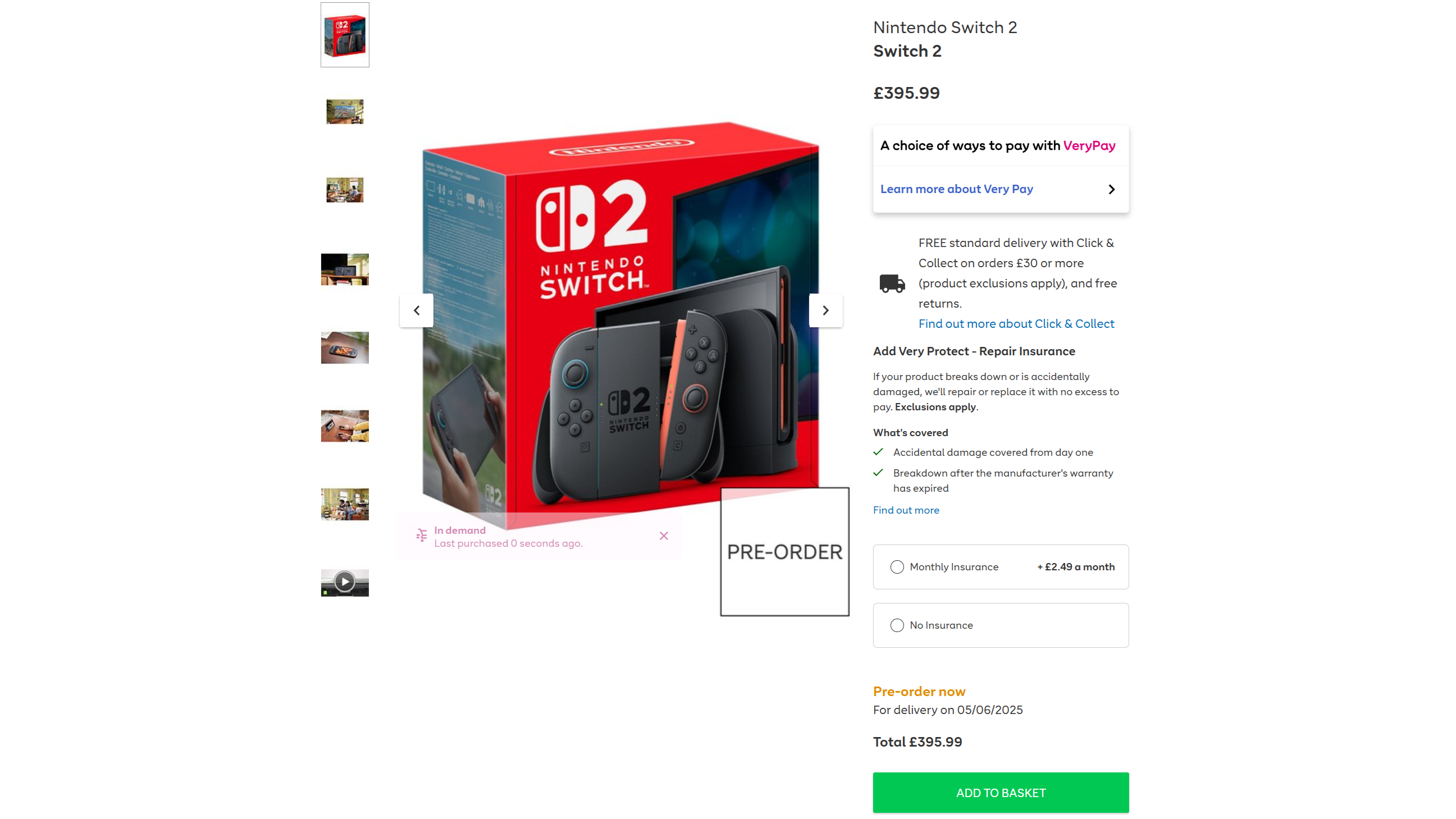 A screenshot of Very's Switch 2 pre-order page.