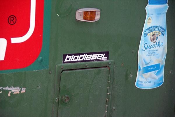 The bus runs on biodiesel whenever possible and will soon be able to run on waste vegetable oil.