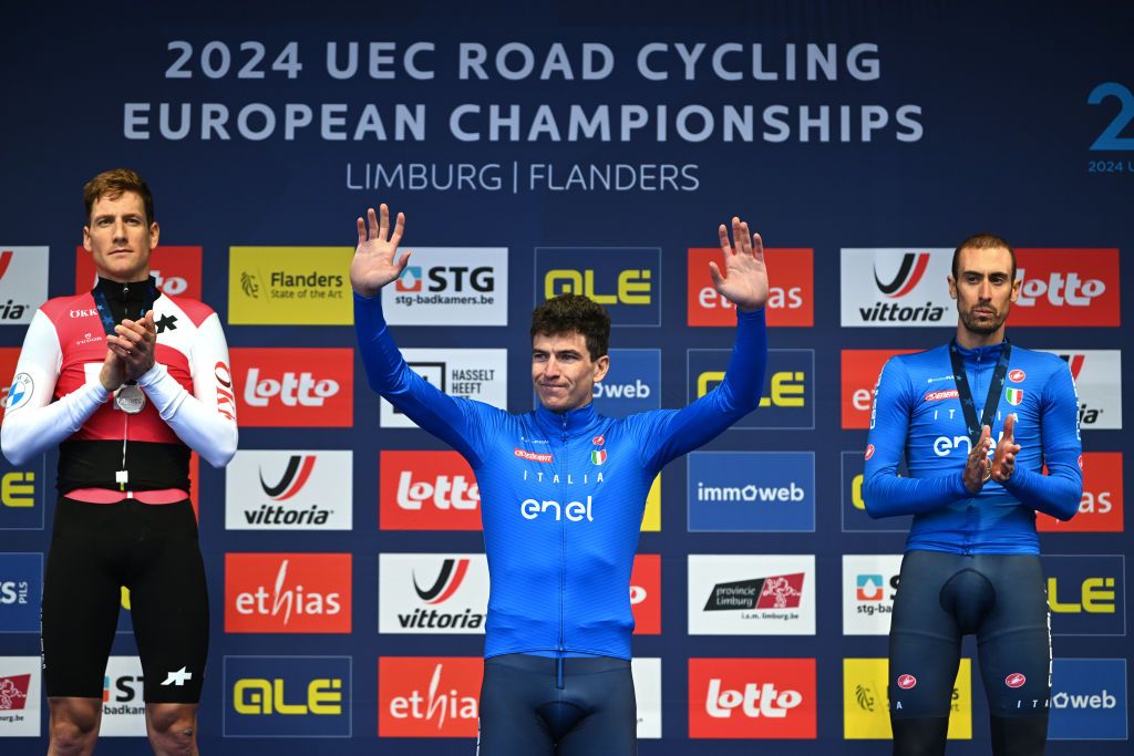 HASSELT BELGIUM SEPTEMBER 11 lSilver medalist Stefan Kung of Team Switzerland gold medalist Edoardo Affini of Team Italy and bronze medalist Mattia Cattaneo of Team Italy pose on the podium during the medal ceremony after the 30th UEC Road Cycling European Championships 2024 Mens Elite Individual Time Trial a 313km from HeusdenZolder to Hasselt UCIWT on September 11 2024 in Hasselt Belgium Photo by Luc ClaessenGetty Images