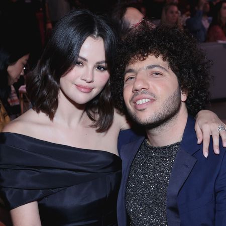 Selena Gomez in a black dress and Benny Blanco in a black glittery top and navy blazer at the Second Annual Rare Impact Fund Benefit Supporting Youth Mental Health in October 2024