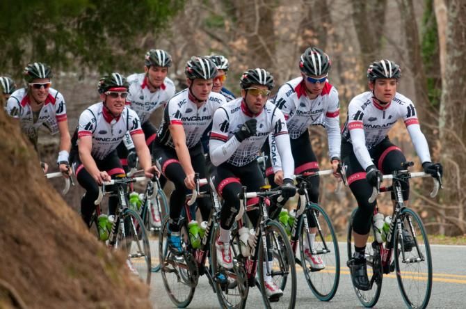 The team training with Ty Magner and Robin Carpenter at the front.