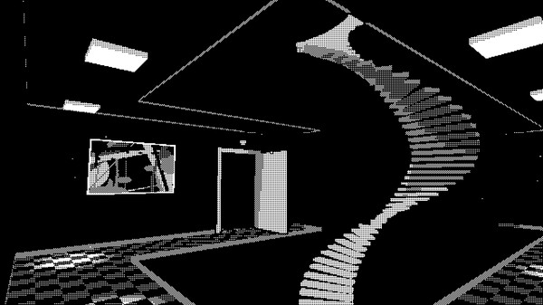 A scene from a black-and-white pixelated 3D video game inspired by Severance called Pager