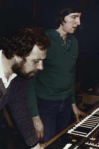 Allan Holdsworth (right) and vocalist Paul Williams at the Music Grinder Recording Studio in Hollywood, CA, 1983, during the recording of the Road Games album, photo courtesy of Eddie Coralnick