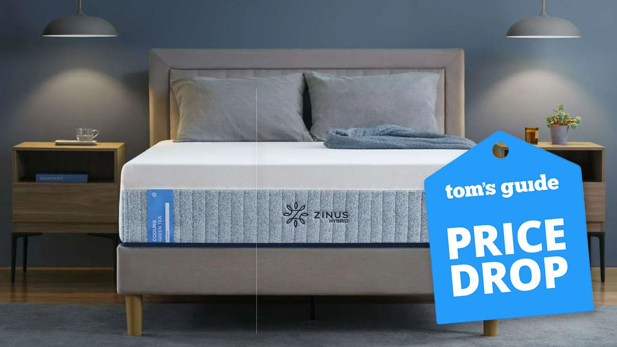 The Zinus Cooling Green Tea Hybrid Mattress in a bedroom, a Tom&#039;s Guide price drop deals graphic (right)