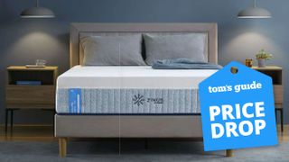 The Zinus Cooling Green Tea Hybrid Mattress in a bedroom, a Tom's Guide price drop deals graphic (right)