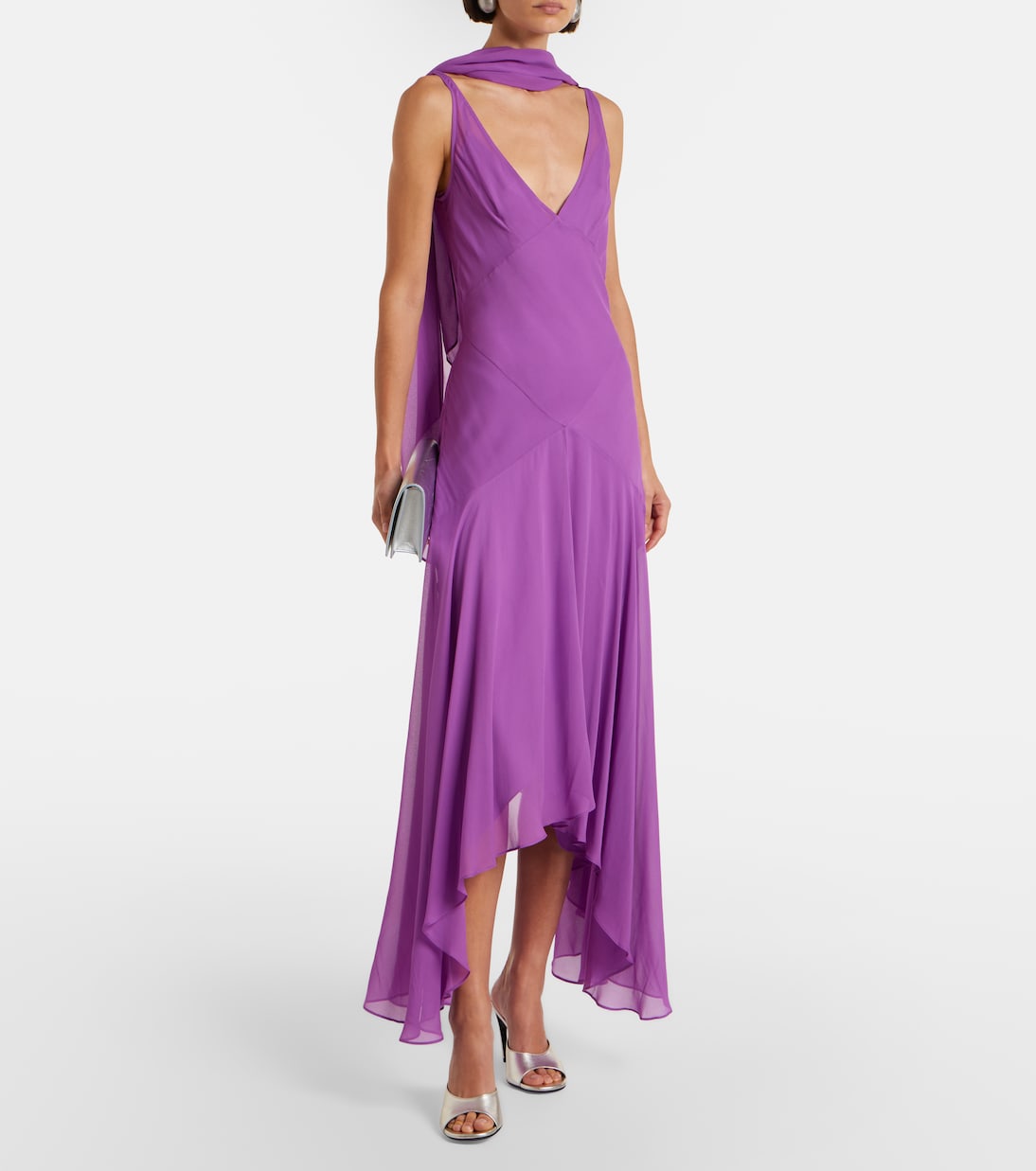Mystica Asymmetric Georgette Midi Dress in Purple - De La Vali