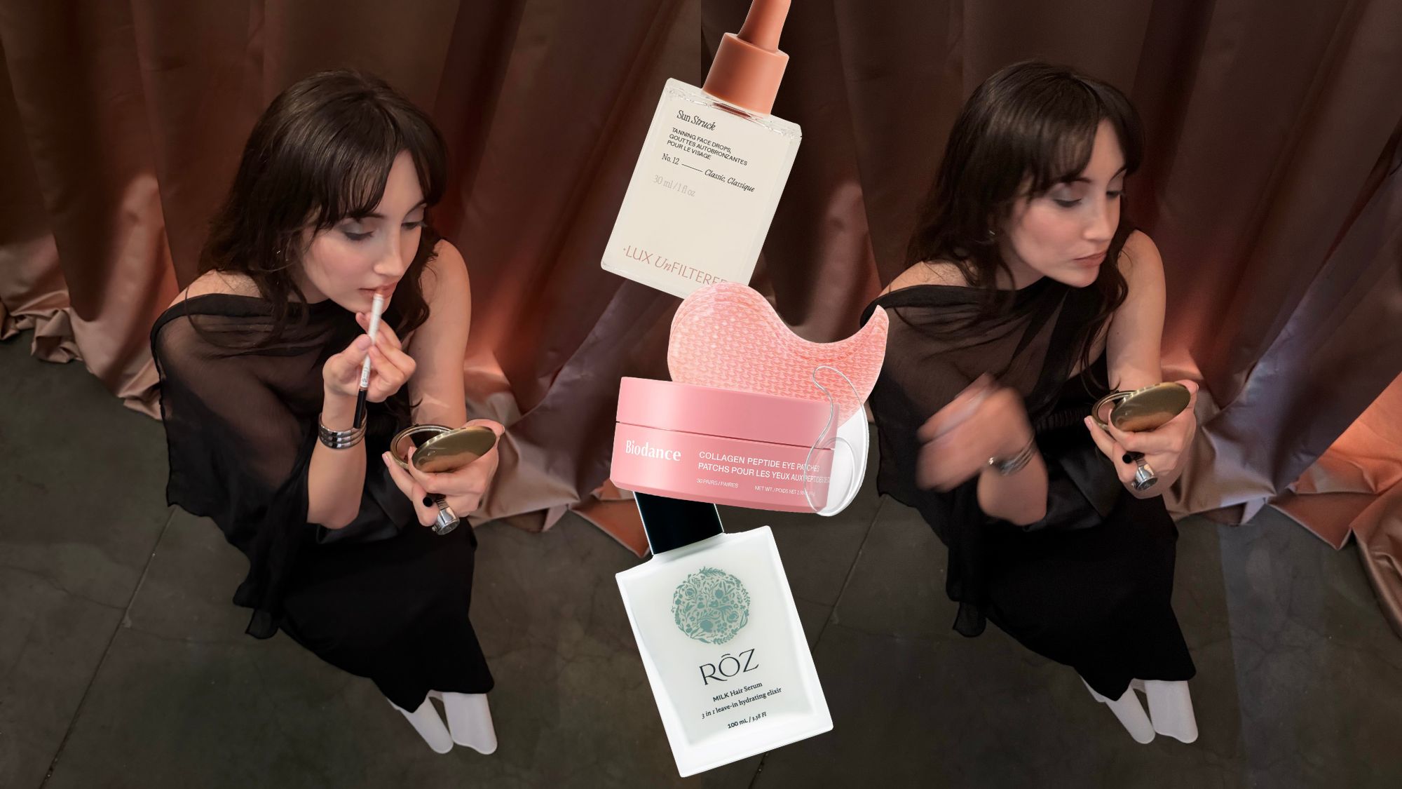 A collage of Who What Wear associate beauty editor Alyssa Brascia squatting to apply her lip liner, overlaid with beauty products on sale at Amazon Prime Day.