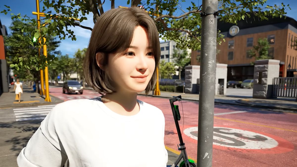 Inzoi reveal treailer - a character with a bob, wearing a white tshirt smiles while walking down a city street