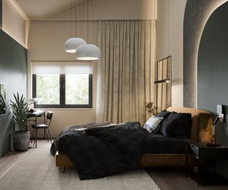 bedroom with arched back lit wall panels and floor to ceiling curtains