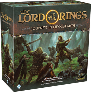 The box for board game The Lord of the Rings: Journeys in Middle-earth, depicting a group of adventurers fighting orcs.