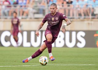 COLUMBUS, OHIO - AUGUST 03: Kalvin Phillips #4 of Manchester City controls the ball in the first half of a pre-season match against Chelsea at Ohio Stadium on August 03, 2024 in Columbus, Ohio. (Photo by Jeff Dean/Getty Images)