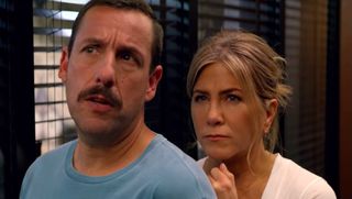 Jennifer Aniston and Adam Sandler as Aubrey and Nick Spitz in Murder Mystery